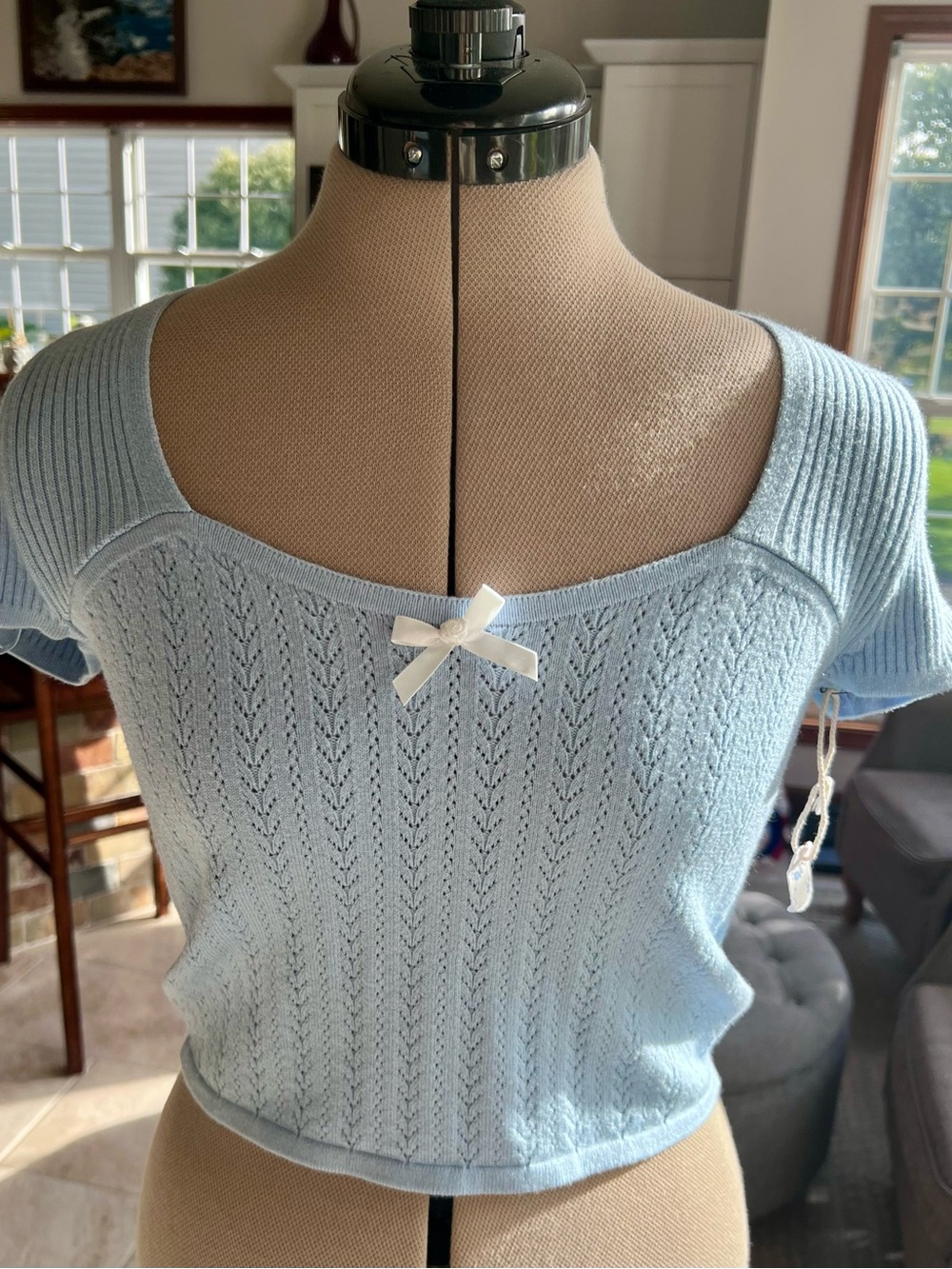 NWT Rachel Ashwell Light Blue Pointelle Cropped Knit Top with Bow Detail
